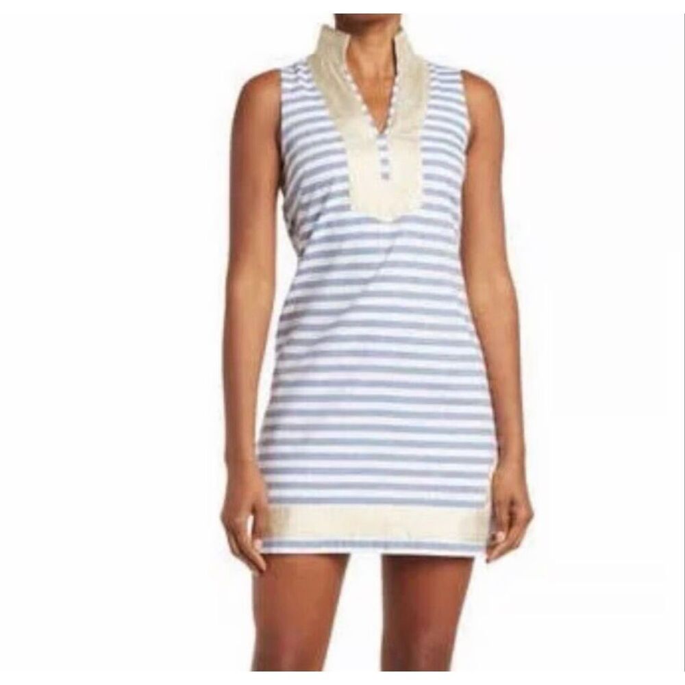 Eliza J Dress 16 Blue White Stripe Nautical Gold V Neck Cotton Mini Tunic short - Picture 8 of 16